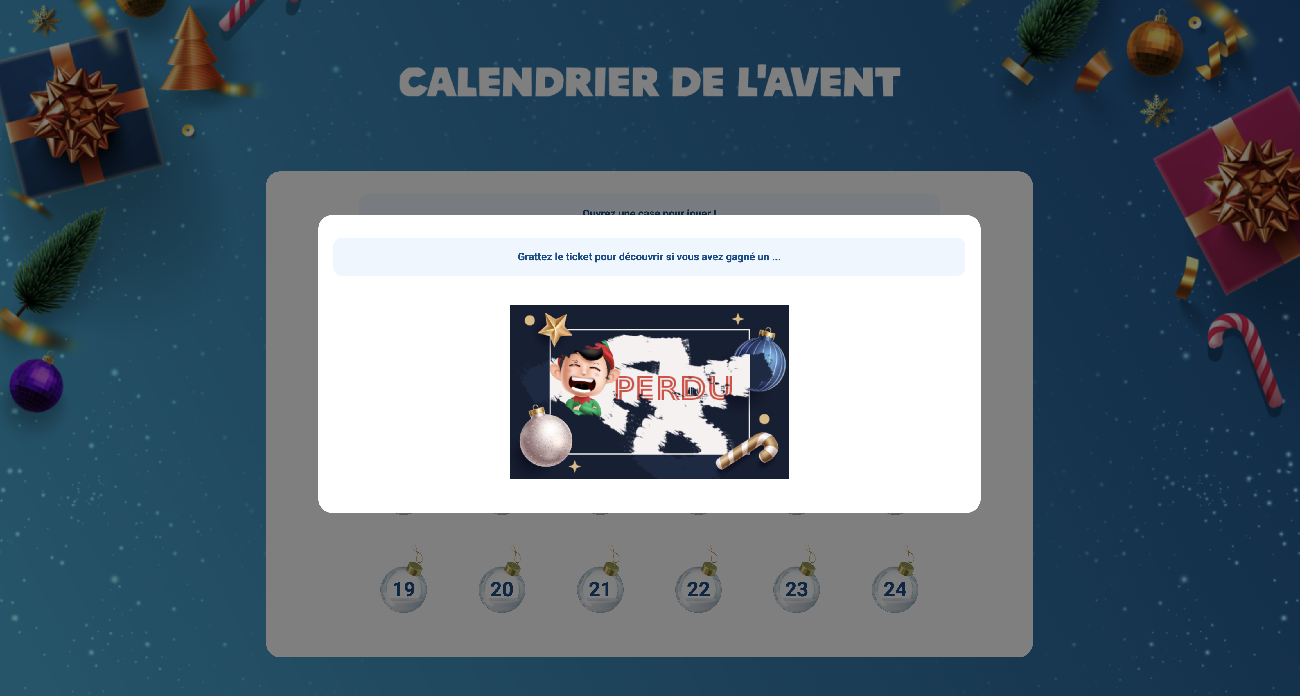 Exemple de calendrier de l'Avent personnalisé avec un ticket à gratter et une ambiance festive