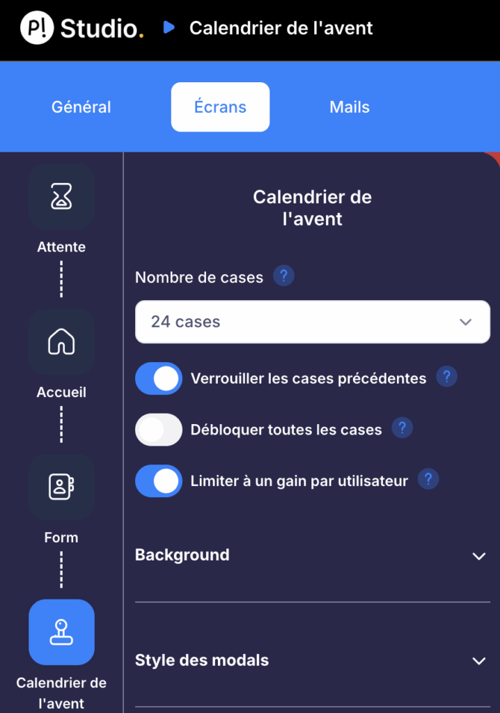 Options de configuration des cases