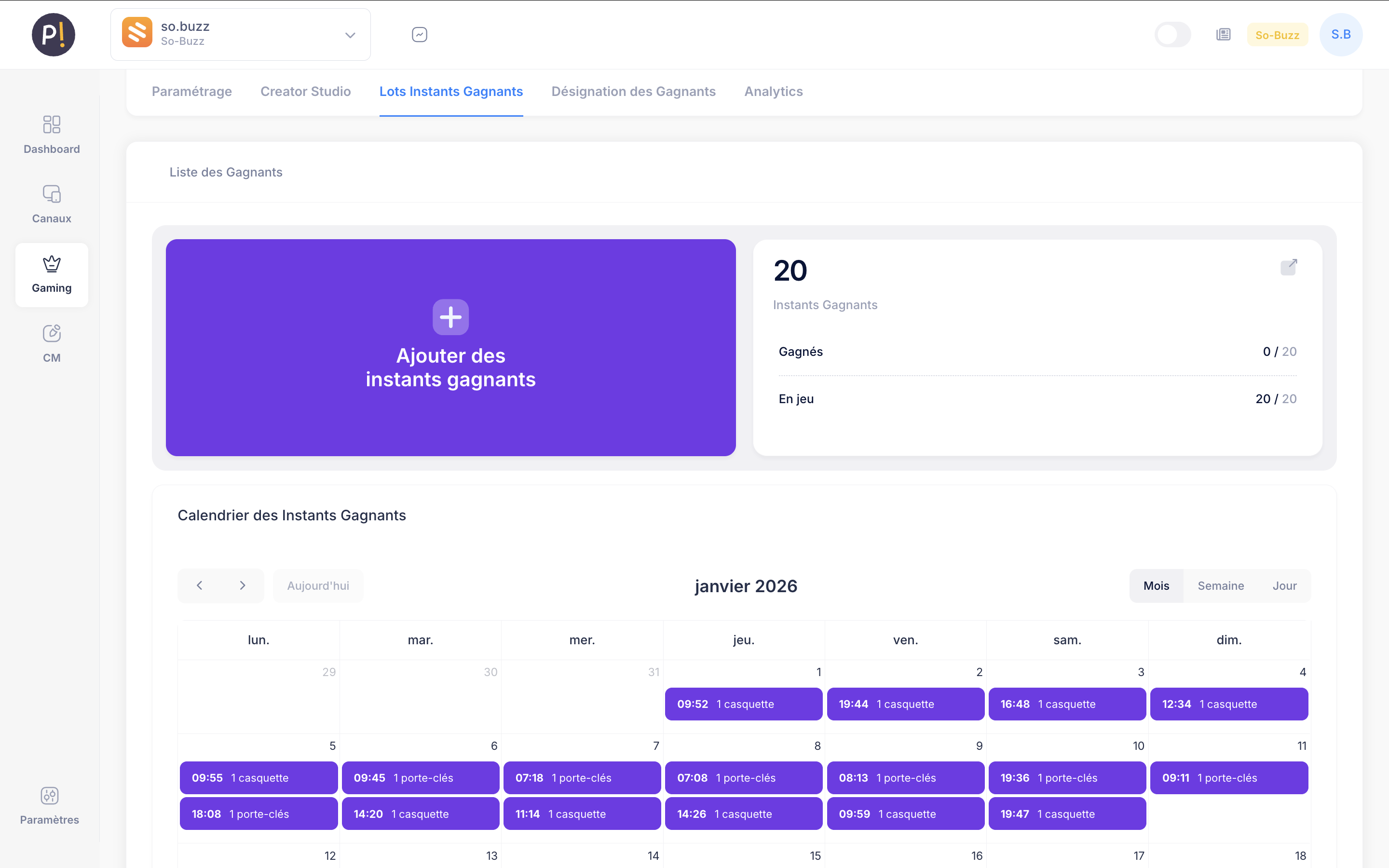 Gestion instants gagnants Pinaplay